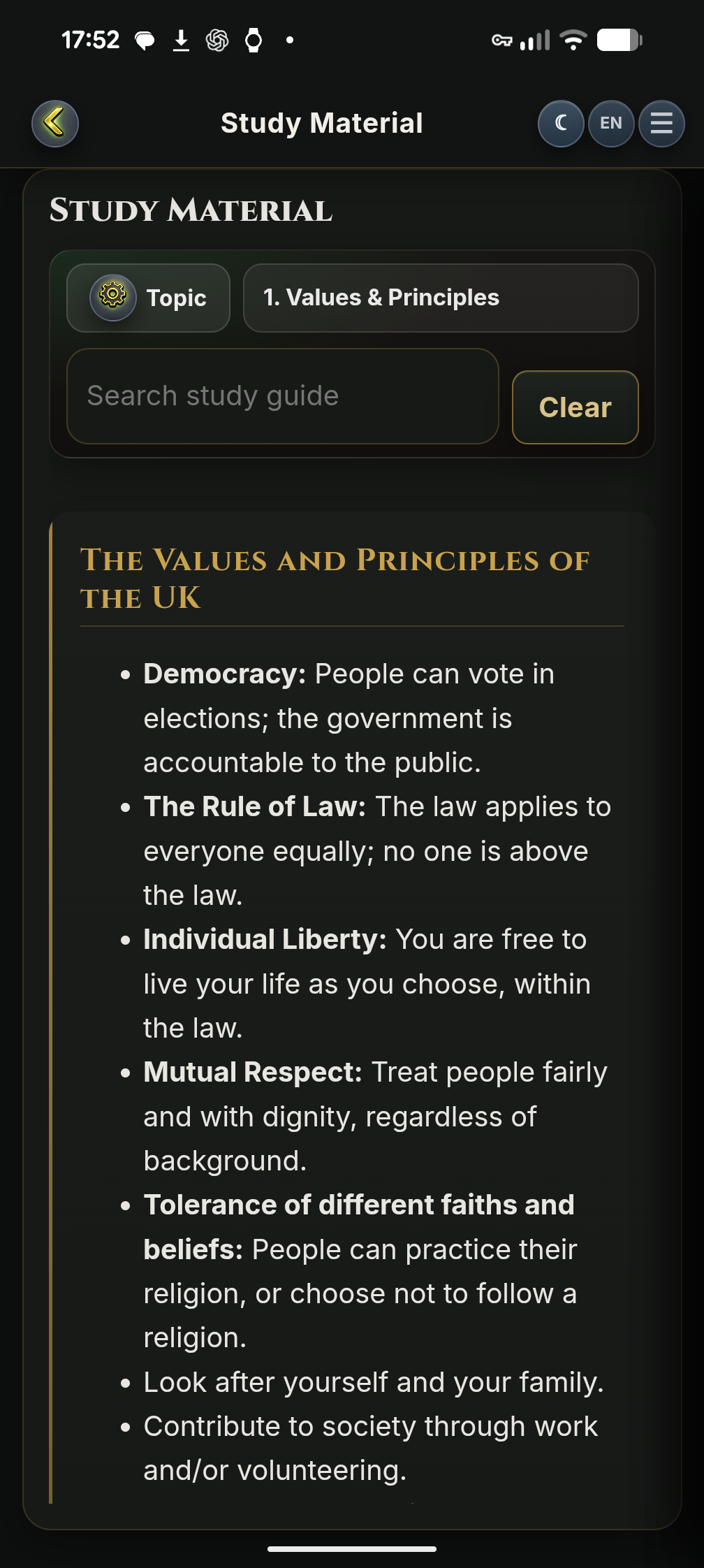 PassUK Study Material screen showing concise notes for UK values and principles